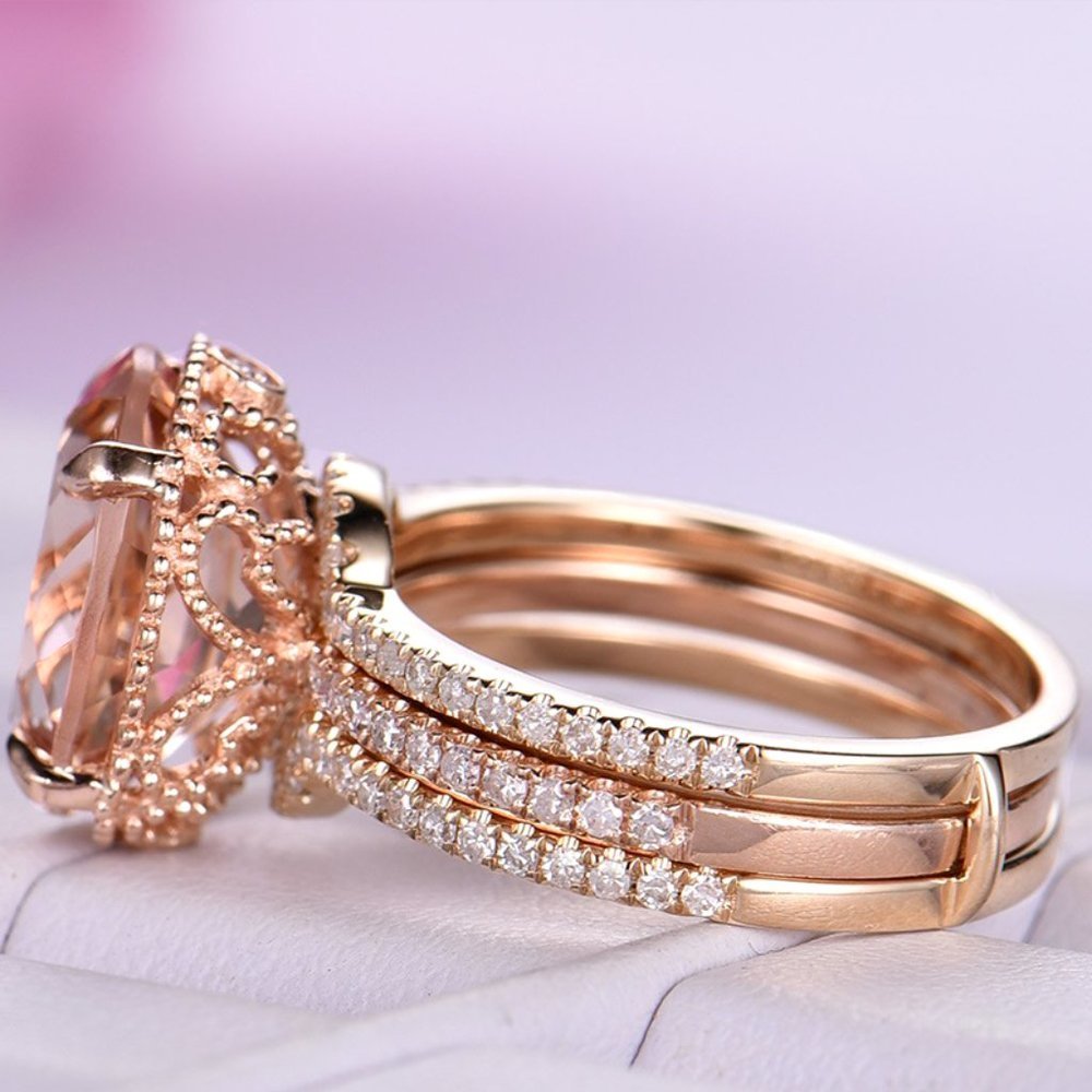🎁 3 pcs/set Rose Gold Oval Bridal Wedding/Engagement Ring Set, VIP241 - Picture 8 of 9